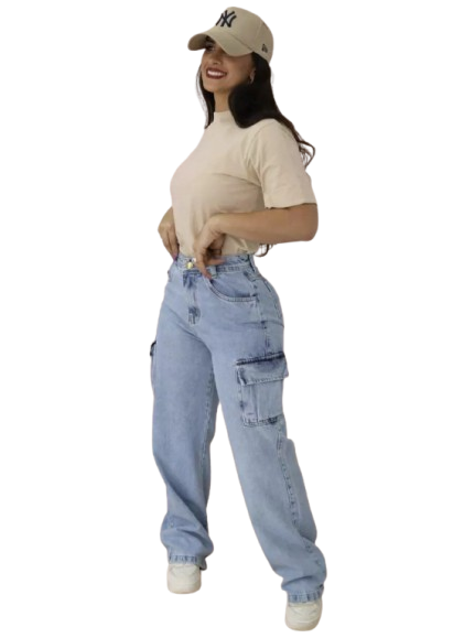 Calça Jeans Feminina Cargo Levanta Bumbum Cintura Alta