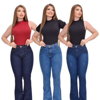 Kit 3 Calças Feminina Jeans Flare Cintura